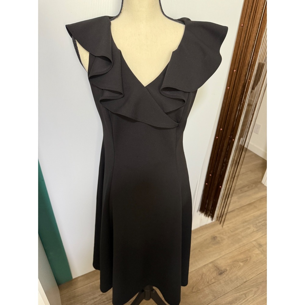 Calvin Klein Black Ruffle Neck Fit & Flare Dress Size 8 Sleeveless Classic Dress